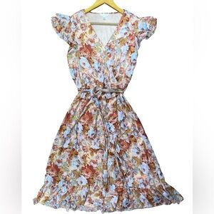 LC Lauren Conrad Blue‎ & Peach Floral Midi Dress Size L, Ruffle Sleeve